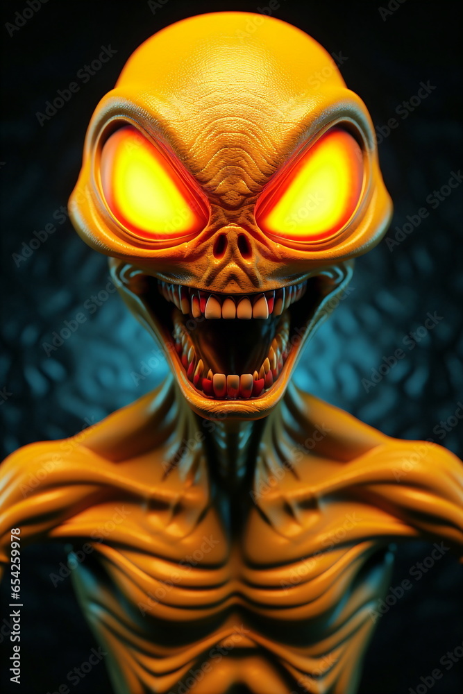 Fototapeta premium orange alien with glowing yellow eyes and scary teeth portrait photo