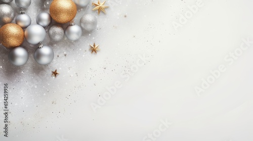 Luxury New Year's balls and toys on a white background with bokeh lights on Christmas Eve