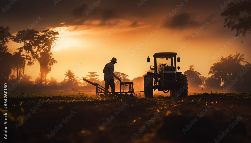 Silhouette of villager working on their field with tractor - obrazy, fototapety, plakaty 