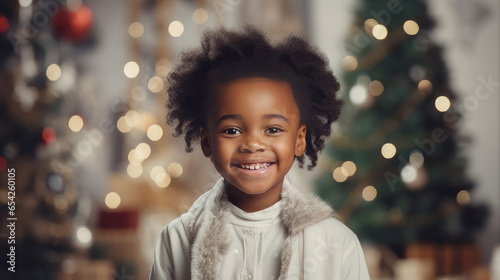 Portrait of a happy black child near the New Year tree on Christmas Eve.