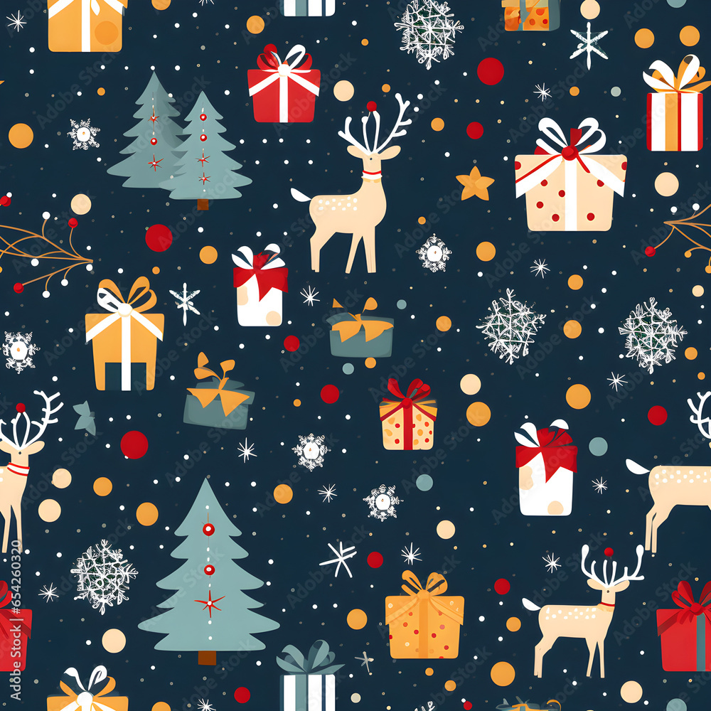 Winter and Christmas seamless pattern with Christmas tree, Merry Xmas gifts, and reindeer. Winter holiday background. Textile or wallpaper print. Wrapping paper. Xmas ornament.