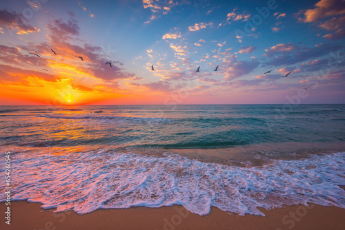 Ocean sunrise over beach shore and waves. The sun is rising up over sea horizon © ValentinValkov