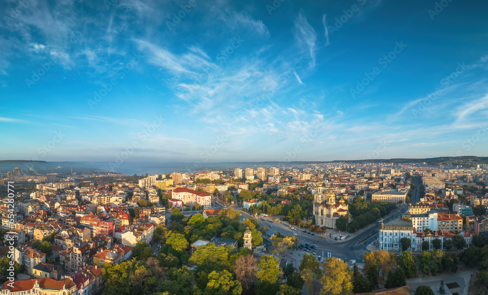Aerial view above downtown of Varna, Bulgaria. Cityscape 