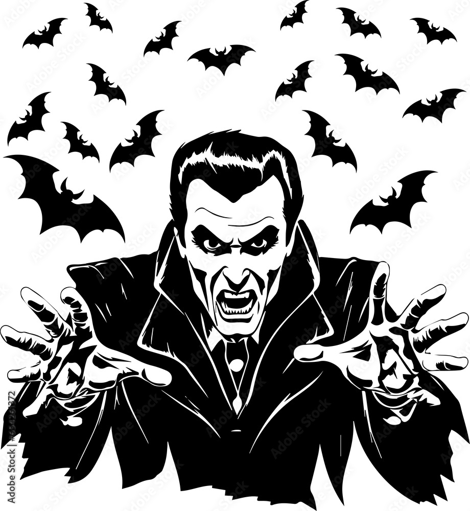 Scary Dracula on a bats background, Halloween Dracula and bat illustration Scary Dracula on a bats background, Halloween Dracula and bat illustration