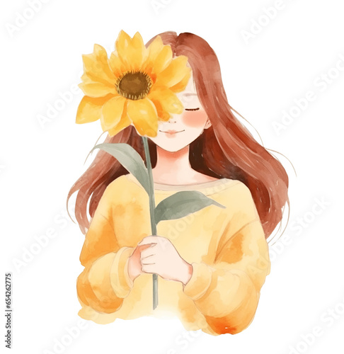 Cute Girl holding a sunflower  watercolor illustration.