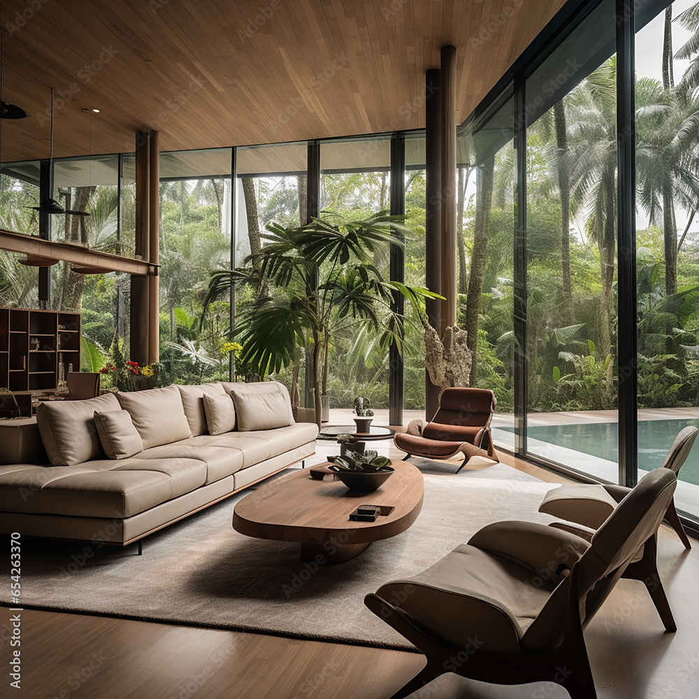 Interior Scene in a house located in a jungle beach Woodeen floor, modern furnitures created with Generative Ai