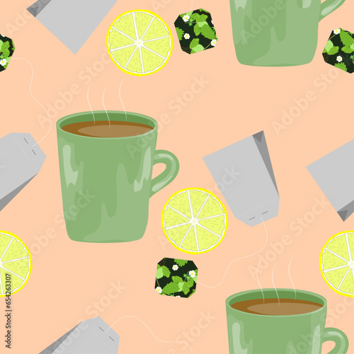 seamless pattern with tea cups, tea bags, lemon slices. Vector graphic vor fabric, print or background