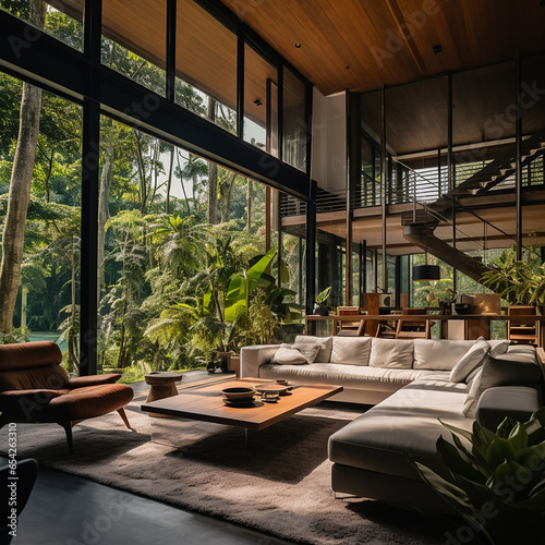 Interior Scene in a house located in a jungle beach Woodeen floor, modern furnitures created with Generative Ai © Andrii Yablonskyi