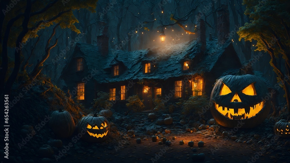 Fototapeta premium halloween house background with pumpkin 4k