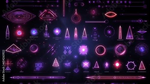 abstract geometric primitive shapes. Set of purple neon glass elements or icons isolated on black background. Glowing abstract clip art . photo