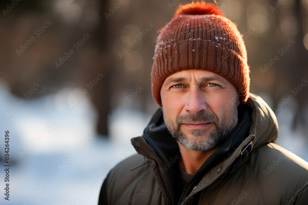 Portrait of a handsome middle aged man with gray hair in a warm hat and jacket smiling at the camera. Portrait of a handsome middle aged man with gray hair in a warm hat and jacket smiling at the camera.