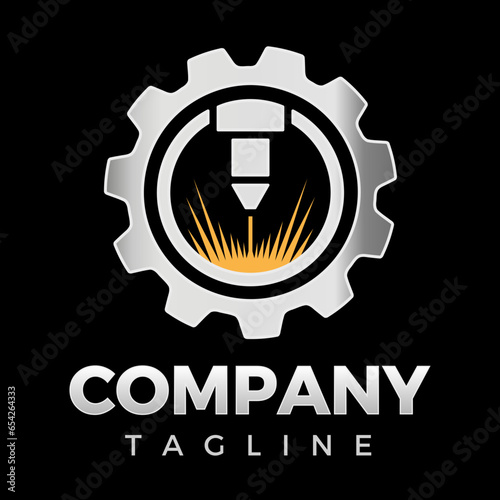 Laser cutting logo emblem in black background, Professional CNC machine logo with plate steel in metal or silver color