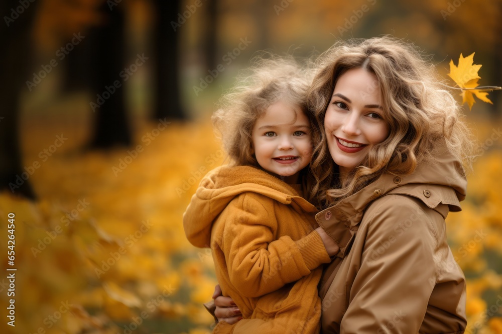 A portrait of young mother with a small daughter in autumn nature at sunset