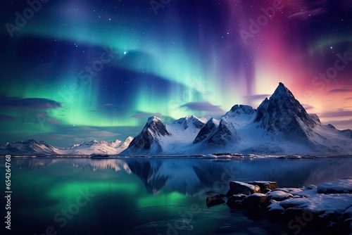 Amazing scenery of the northern lights over the snowy mountains © PinkiePie