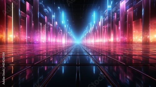 abstract neon background with pink and blue neon lines and reflection on the floor.