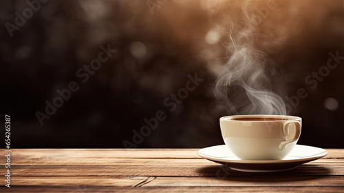 cup of coffee on wooden table banner with copy space