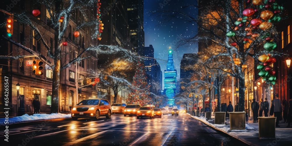 A bustling New York city street at night representing the Christmas, Genarative AI. - obrazy, fototapety, plakaty 