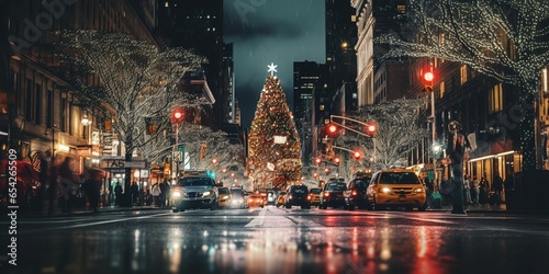A bustling New York city street at night representing the Christmas, Genarative AI. photo