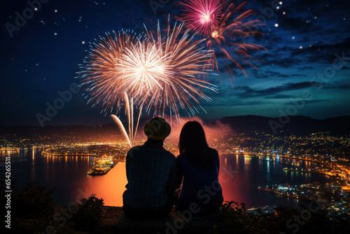 Couple sitting on hill and watching the fireworks