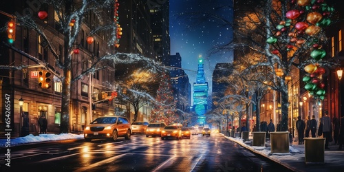 A bustling New York city street at night representing the Christmas, Genarative AI. photo