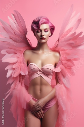 Beautiful woman with pink wings on pink flyer. AI generated