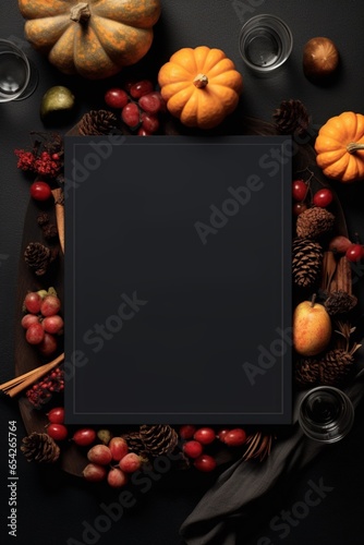 Black thanksgiving day empty flyer with pumpkins. AI generated