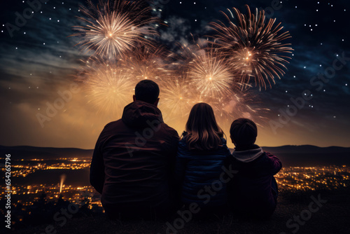A Family sitting on hill and watching the fireworks