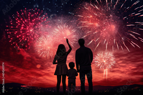 A Family standing on hill and watching the fireworks