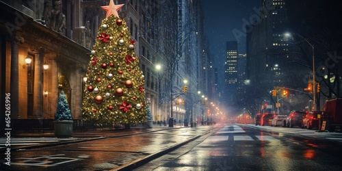 A bustling New York city street at night representing the Christmas  Genarative AI.