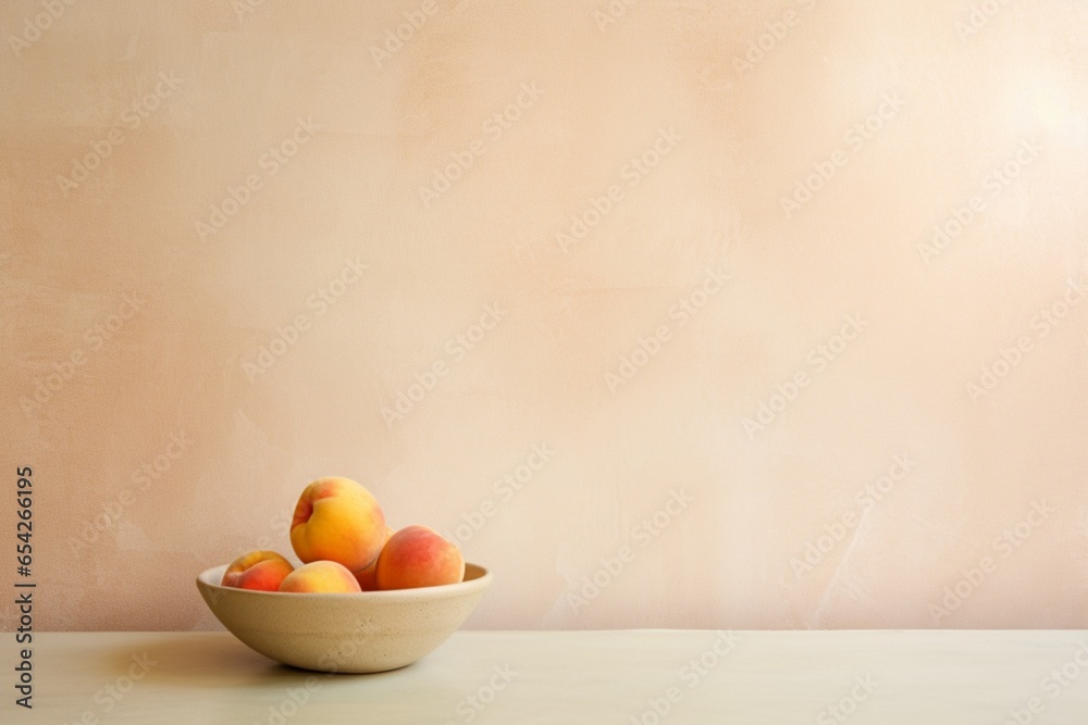 Pastel minimalistic wallpaper with bowl of peaches. AI generated