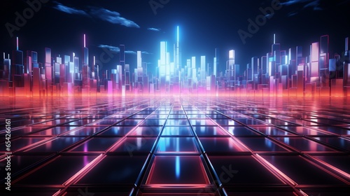 Abstract neon background. Fluorescent ines glowing in the dark room with floor reflection. Virtual dynamic ribbon. Fantastic panoramic wallpaper. Energy concept. photo
