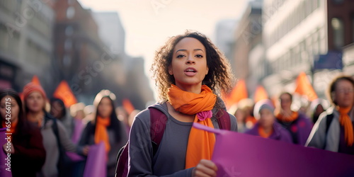 peaceful march or rally with women and allies carrying banners and signs advocating for the elimination of violence against women. Generative AI