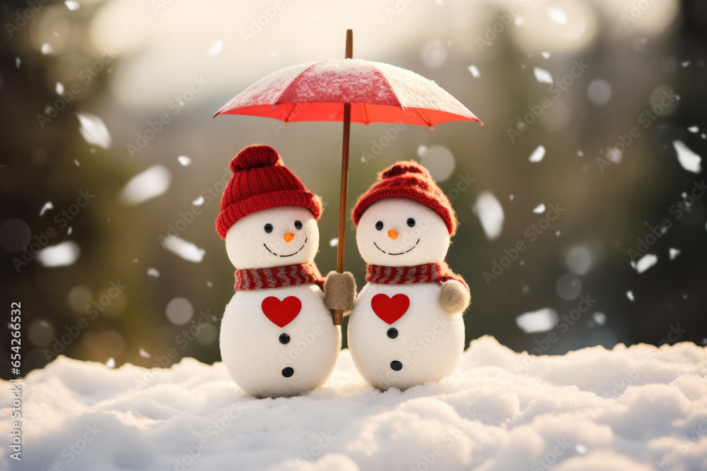 Snowmen with umbrella standing in snowy winter