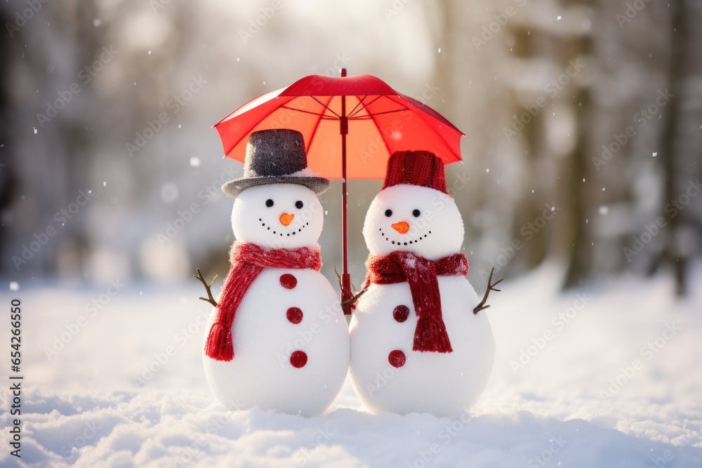 Obraz premium Snowmen with umbrella standing in snowy winter