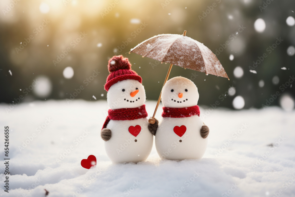 Fototapeta premium Snowmen with umbrella standing in snowy winter
