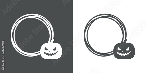 Logo con marco circular con líneas con silueta de calabaza de Halloween Jack O Lantern para su uso en invitaciones y tarjetas