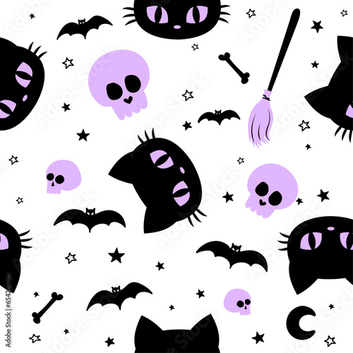 Cute cat face pattern - funny vector drawing seamless pattern. Lettering poster or t-shirt textile graphic design. Cute illustration. wallpaper, wrapping paper. Happy Halloween!