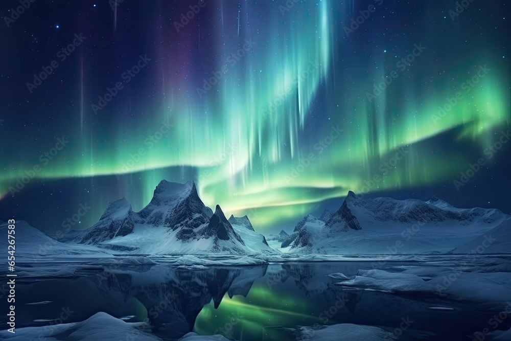Amazing scenery of the northern lights over the snowy mountains
