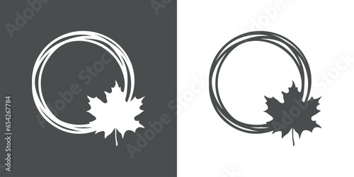 Logo con marco circular con líneas con silueta de hoja de arce para su uso en invitaciones y tarjetas. Concepto de cambio de temporada de otoño