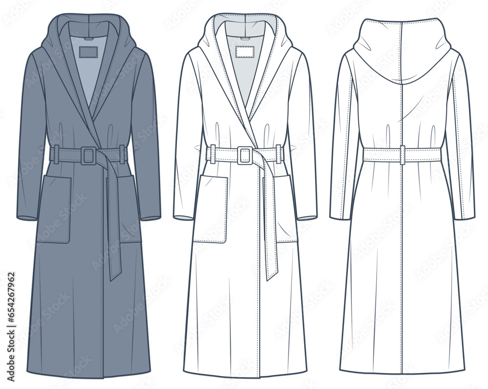 Coat technical fashion Illustration. Hooded Coat fashion flat technical drawing template, belt, pockets, front and back view, white, grey, women, men, unisex Outerwear CAD mockup set. Coat technical fashion Illustration. Hooded Coat fashion flat technical drawing template, belt, pockets, front and back view, white, grey, women, men, unisex Outerwear CAD mockup set.