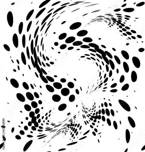Seamless pattern of halftone dotted or polka dot swirls,  whirl, now approaching, now moving away. Black dots on a transparent background. Vector.