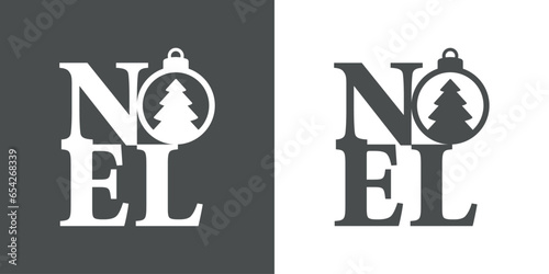 Logo con letras palabra Noel con silueta de bola de navidad con árbol de navidad en lugar de letra O para su uso en invitaciones y felicitaciones