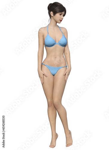 水色のビキニ姿で横を向いてポーズをとる日本人女性のイラスト 3Dモデルの全身斜め横向き