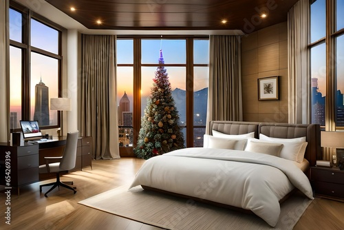 An enchanting holiday scene featuring a close-up of a beautifully decorated Christmas tree positioned near a white bed adorned with inviting pillows  evoking the magic of the season.