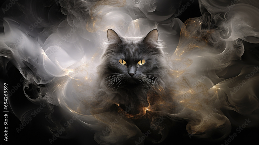 In a striking display of white and gold smoke, the black cat exudes a sense of mystique and allure, captivating with its enigmatic presence. - obrazy, fototapety, plakaty 