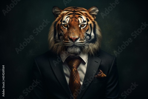Tiger representing business prowess on a dark backdrop. Generative AI