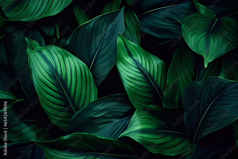 Closeup Nature View of Green Leaf Background, Dark Wallpaper Concept.