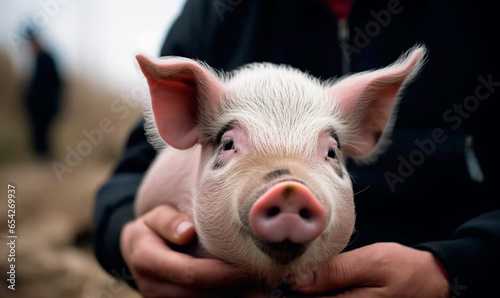 Close-up of a piglet in a man's arms