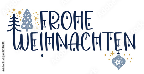 Frohe Weihnachten - dekoratives Banner mit blauer Weihnachtsdekoration auf weißem Hintergrund - deutscher Text
