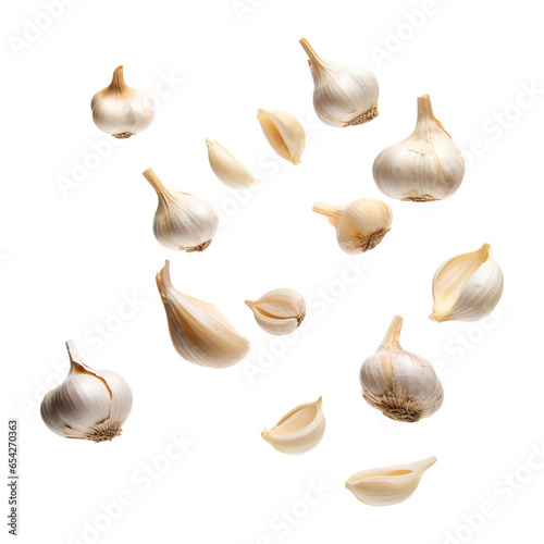 flying garlic and cloves isolated on transparent background Remove png, Clipping Path